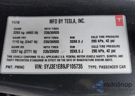 2018 Tesla Model 3 Long Range/Performance из США, поврежденный, VIN 5YJ3E1EB9JF105735